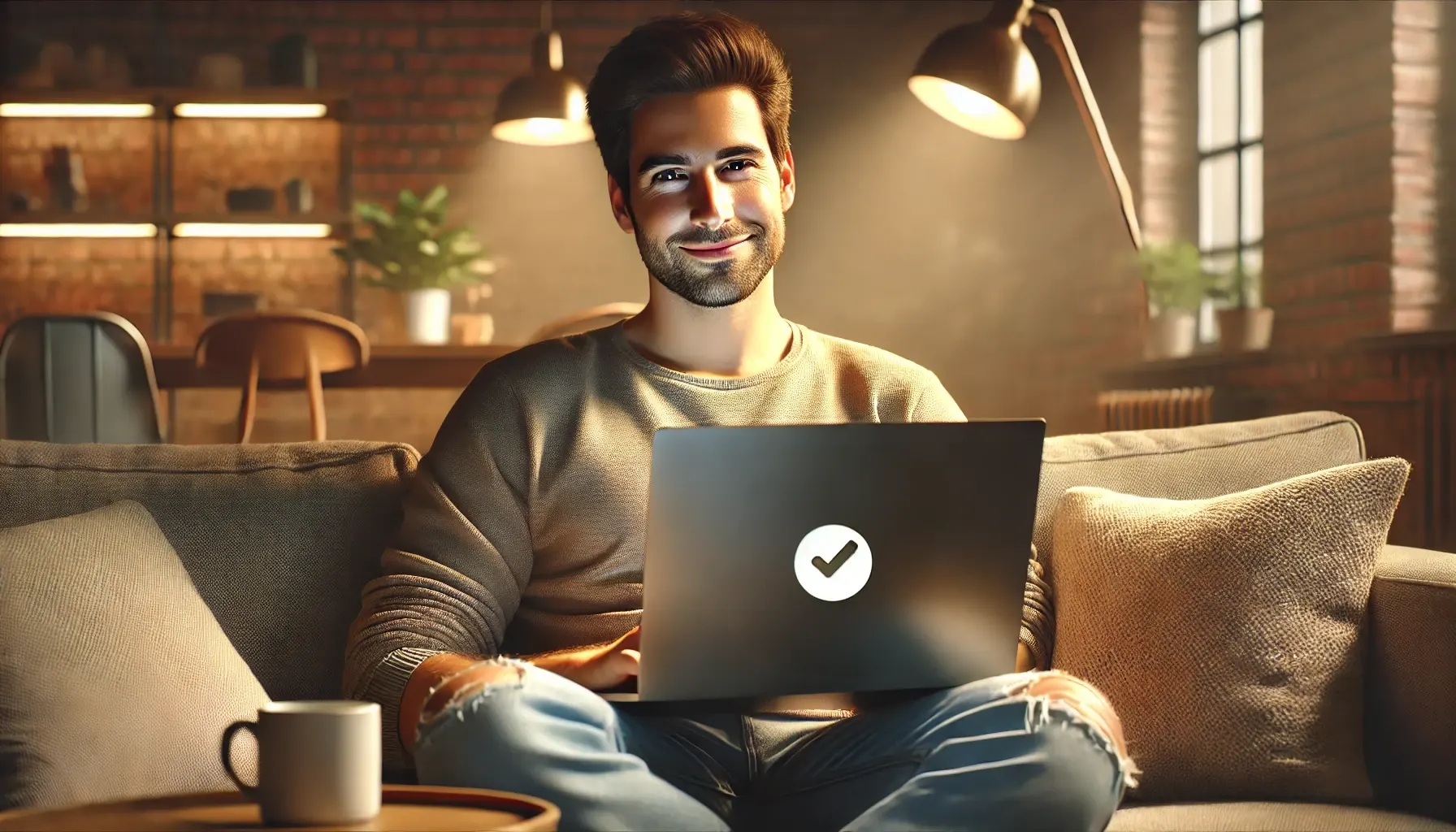 A man is sitting comfortably in a modern, cozy room, looking satisfied and relaxed while securely browsing the internet on his laptop with VPN.