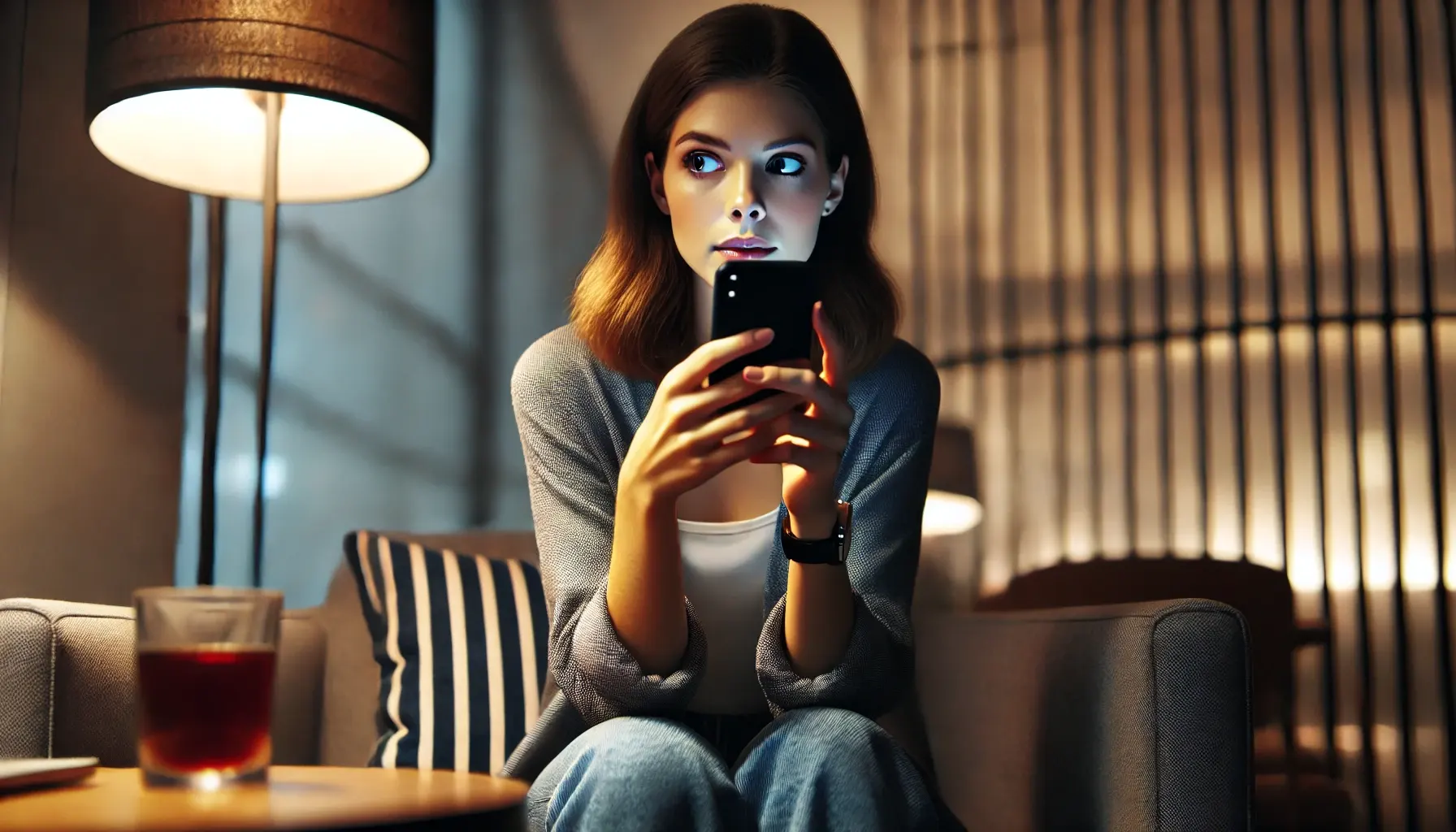 A young woman is sitting in a cozy, dimly lit modern room, cautiously adjusting her Instagram feed on her smartphone. 