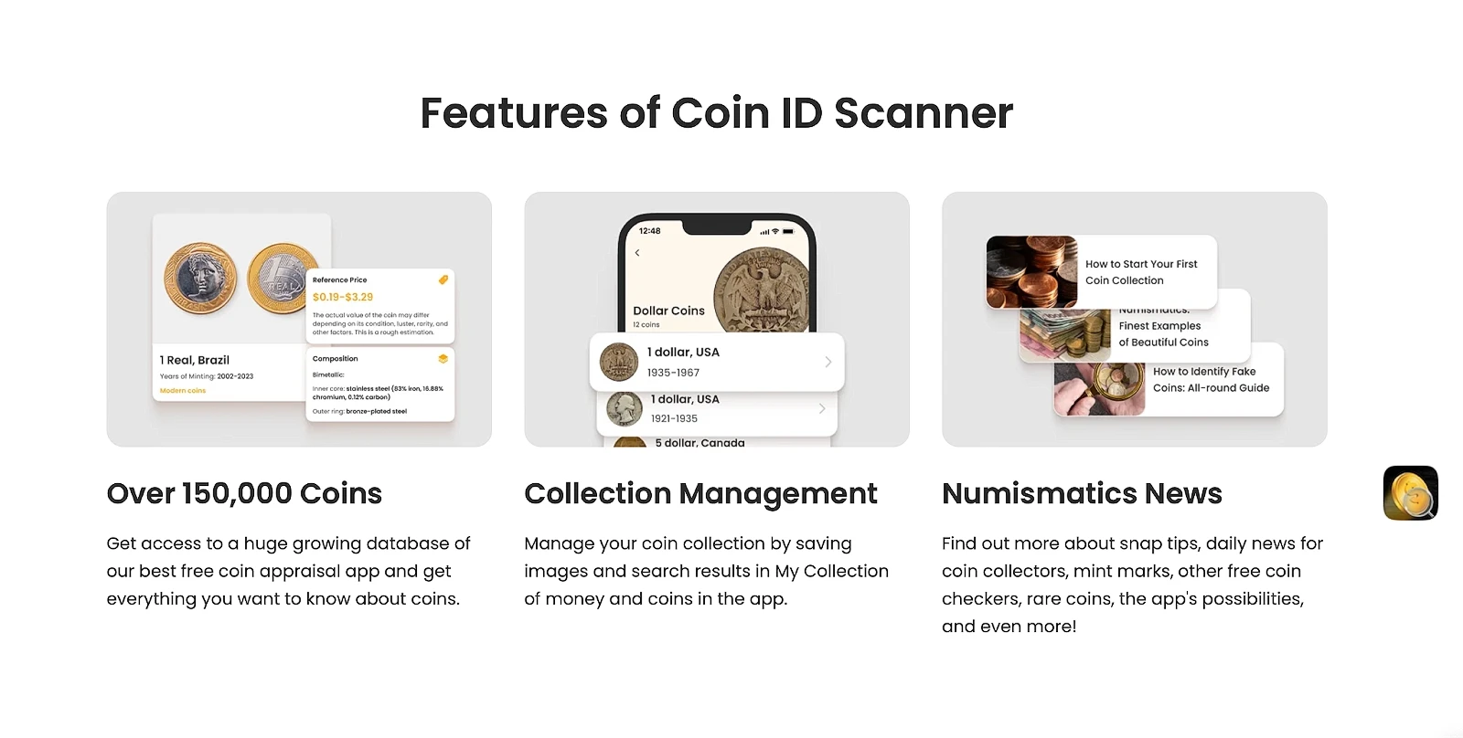 Screenshot with the main features of Coin ID Scanner.