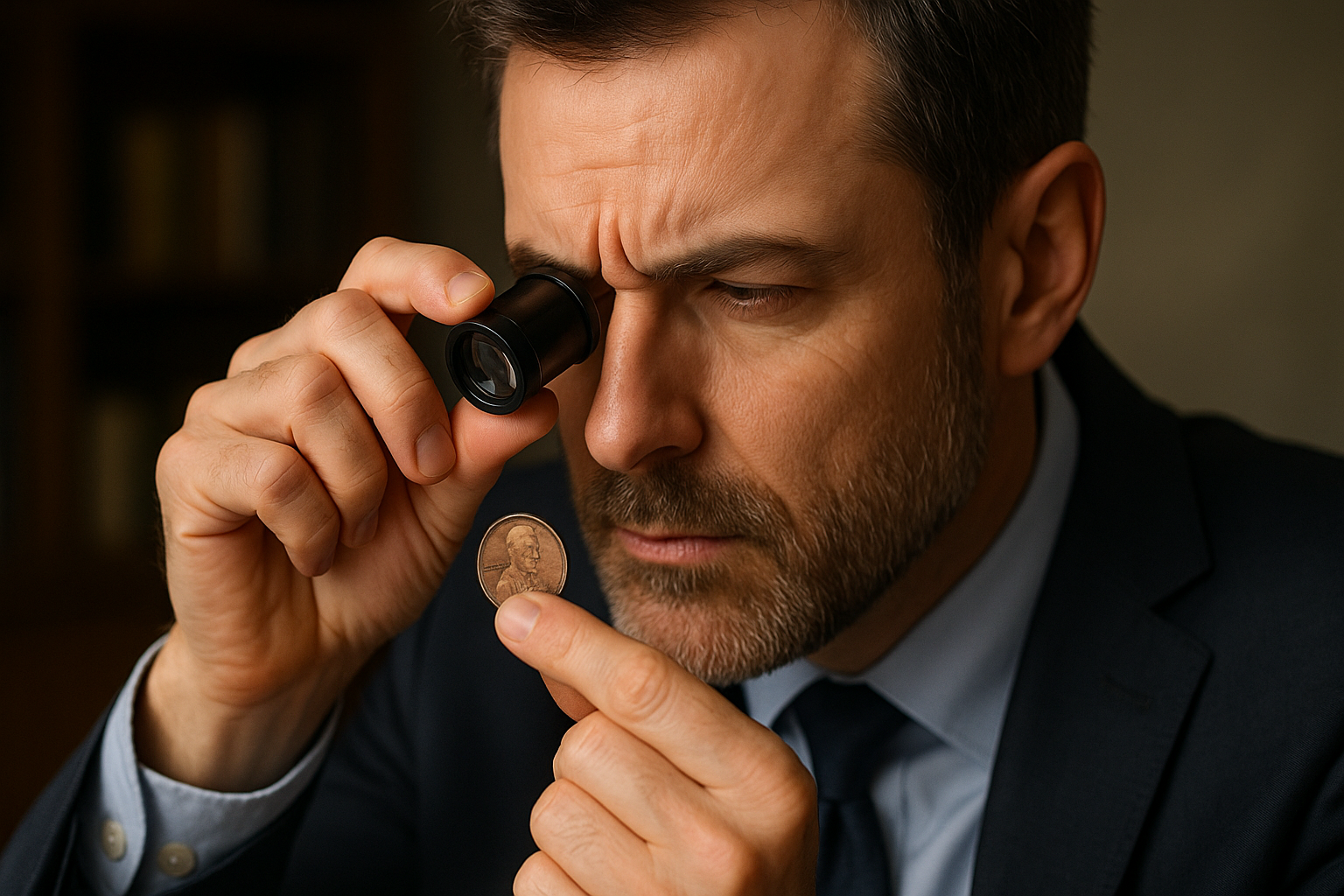 A collector examines a penny through a loupe, emphasizing the careful inspection required to identify true key and semi-key dates.